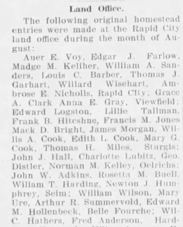 Homestead Entries 1905 Willia A Cook, Mary G. Cook